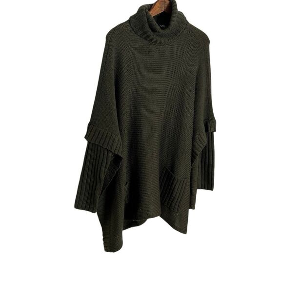 Design Lab Lord & Taylor Turtle Neck Knitted Ribbed Trim Pocho Sweater Green XS - Picture 4 of 11